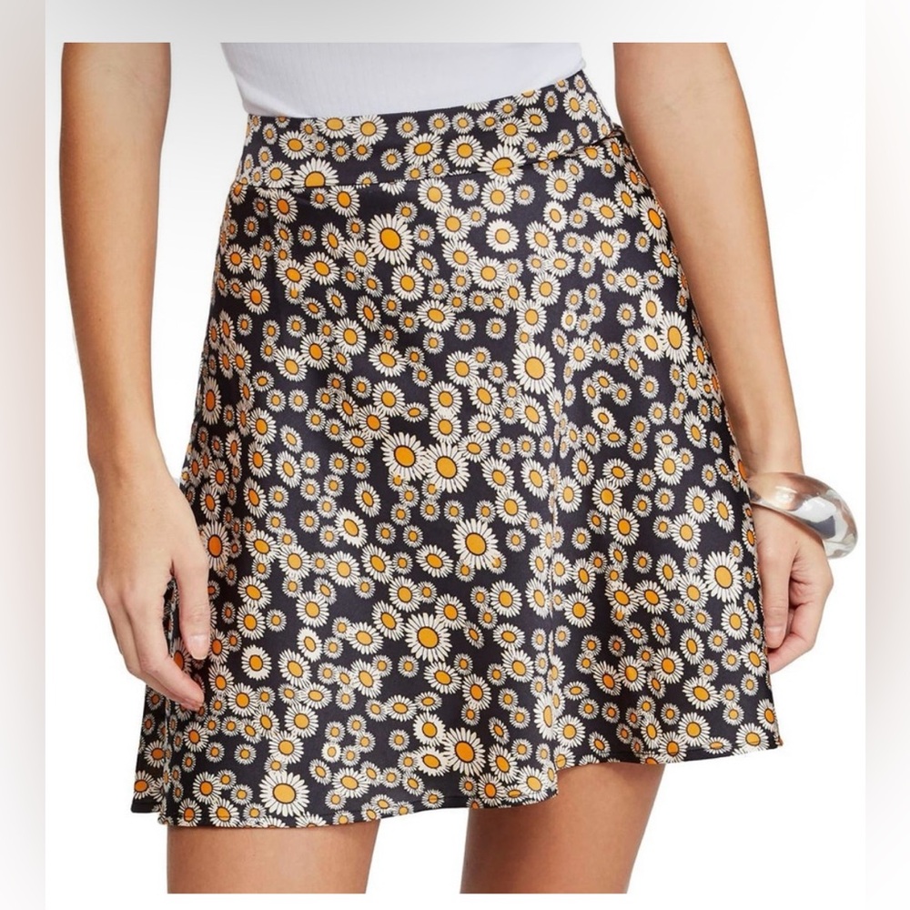 Free People Black Daisy Print Skater Skirt with Yellow Centers